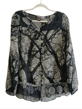 Desigual Sheer Long Sleeve Abstract Branches Top S Black Cream Whimsigoth Logo